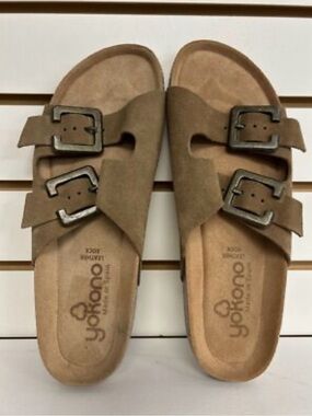 Yokono Tan Double-Buckle Suede Sandals